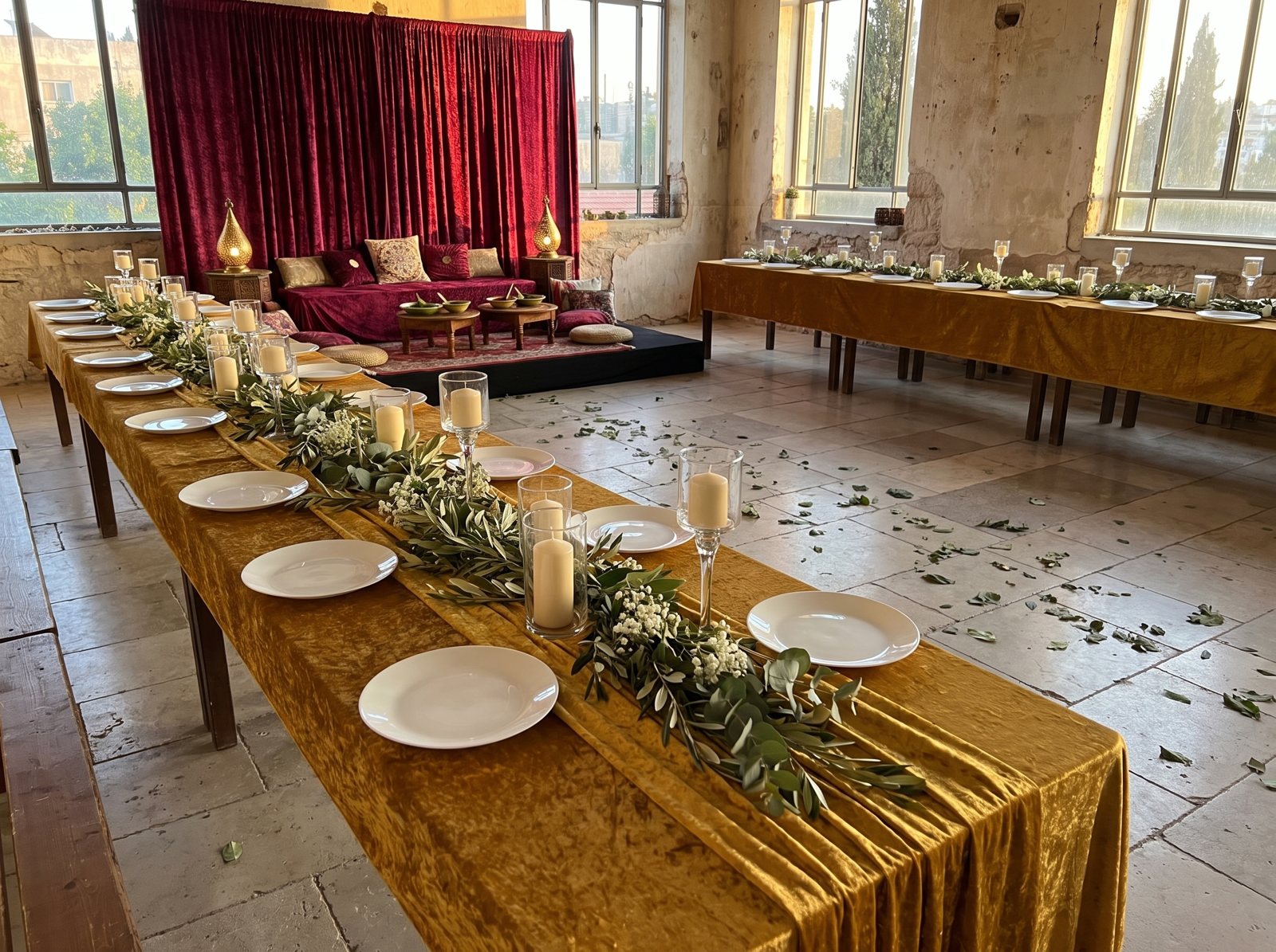 ראנרים מקטיפה ערבית בחרדל על שולחנות ארוכים באולם חינה